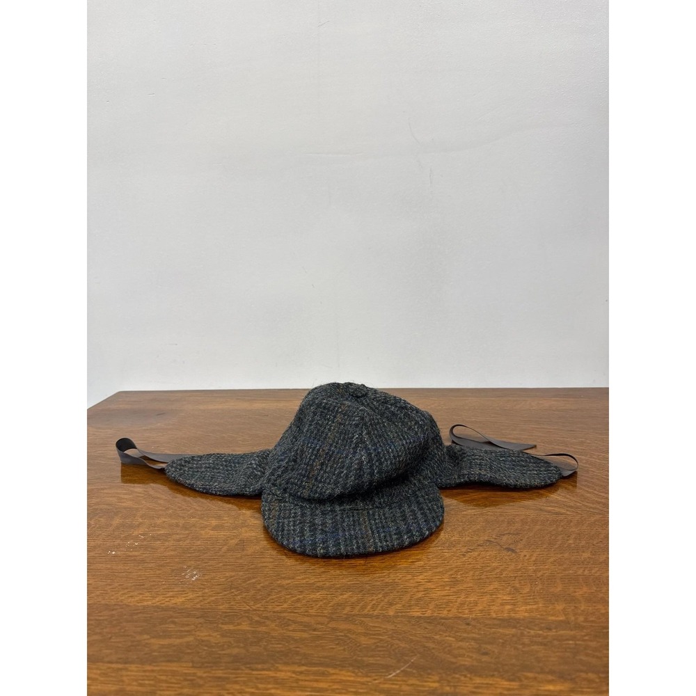 VTG Harris Tweed Hat Trapper Cap Ear Flap Mens L Green Herringbone Wool Scotland